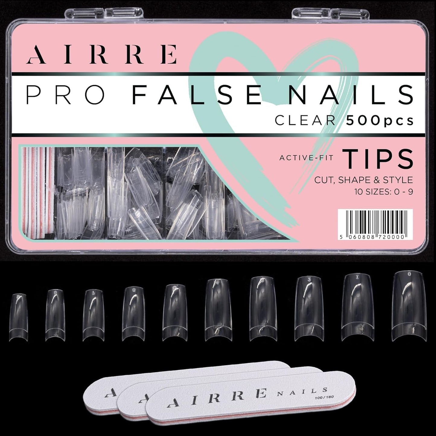 AIRRE 500 Unghie in gel professionali e 3 lime per scatola - (10 misure) Unghie finte French Half Moon, Uso in salone e a casa, Taglio, limatura e modellatura, Gel UV/LED, Smalto per unghie e Nail Art (Naturale)