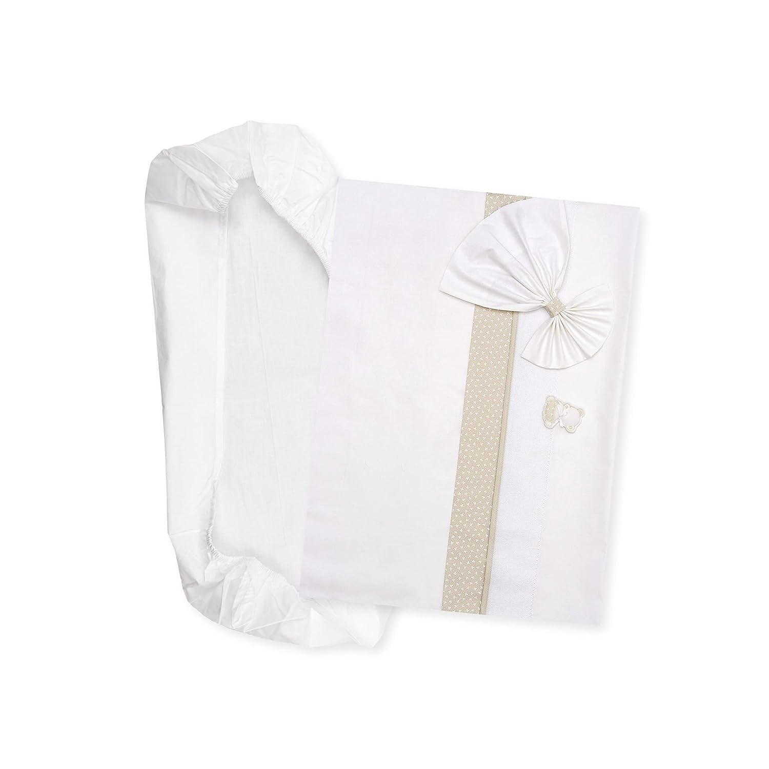 Completo Lenzuola Navicella Bianco e Rosa, 1 Lenzuolo con Angoli, 1 Lenzuolo Sopra con Ricamo in Nastro Aida e 1 Federa per Cuscino, 100% Cotone, Made in Italy Naty Shop Trapunte e Trapunte Tortora