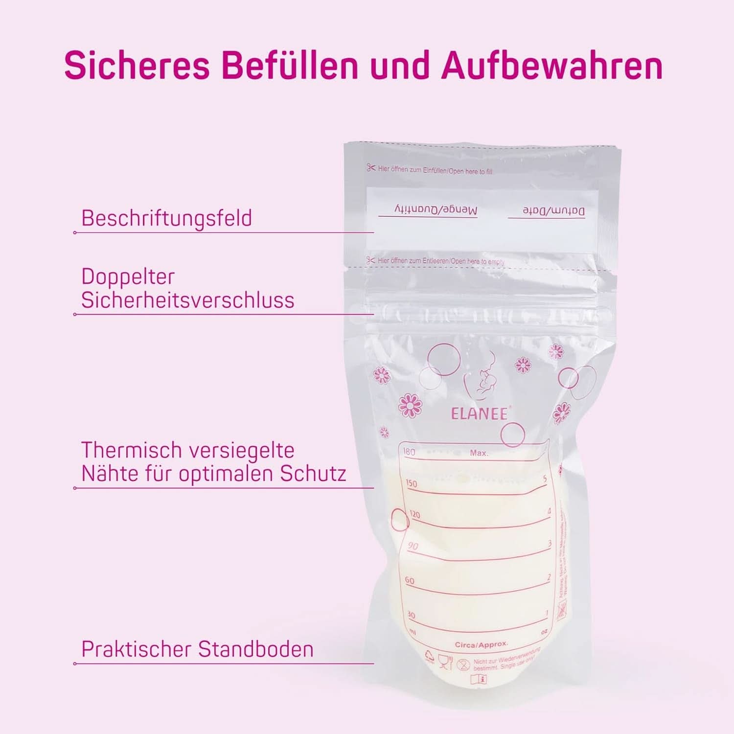 ELANEE Muttermilchbeutel, Aufbewahren & Einfrieren Von Muttermilch, Geschmackneutral Und Vorsterilisiert, Doppelter Sicherheitsverschluss, 20 Stück, Mit Standfuß (711-00) Accessori per alimenti per bambini e allattamento Naty Shop