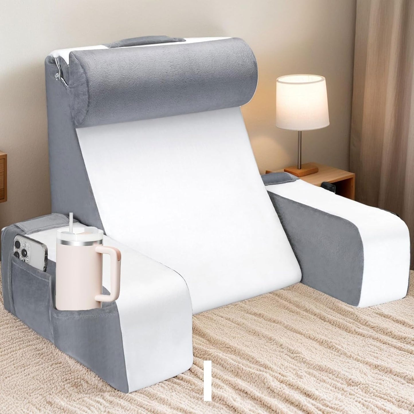 Cuscino da lettura grande per letto e divano, cuscino per la schiena per adulti con supporto per il collo e braccioli, cuscino per schienale ergonomico con tasca e fodera lavabile per riposare, leggere, guardare la TV (WH)