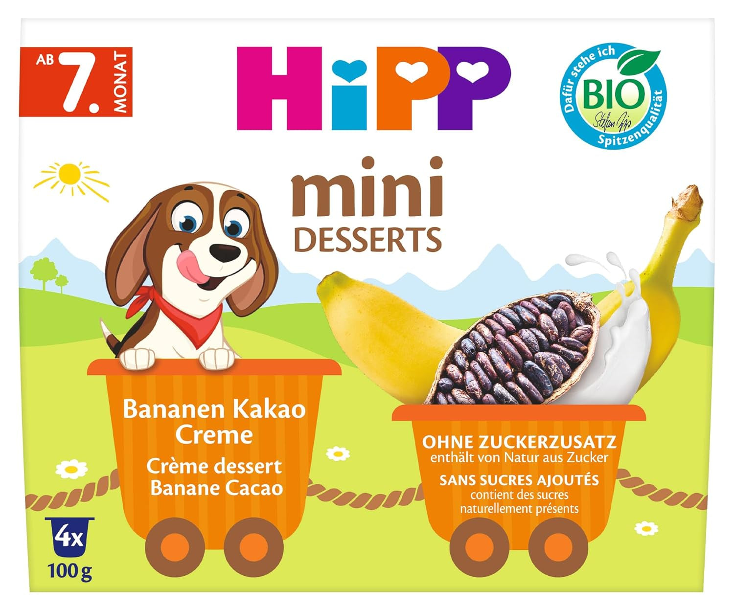 HiPP Mini Dessert Crema di Banana e Cacao Bio (confezione da 6 x 4 x 100g), a partire da 7 mesi, in pratiche coppette, senza zuccheri aggiunti, della migliore qualità biologica