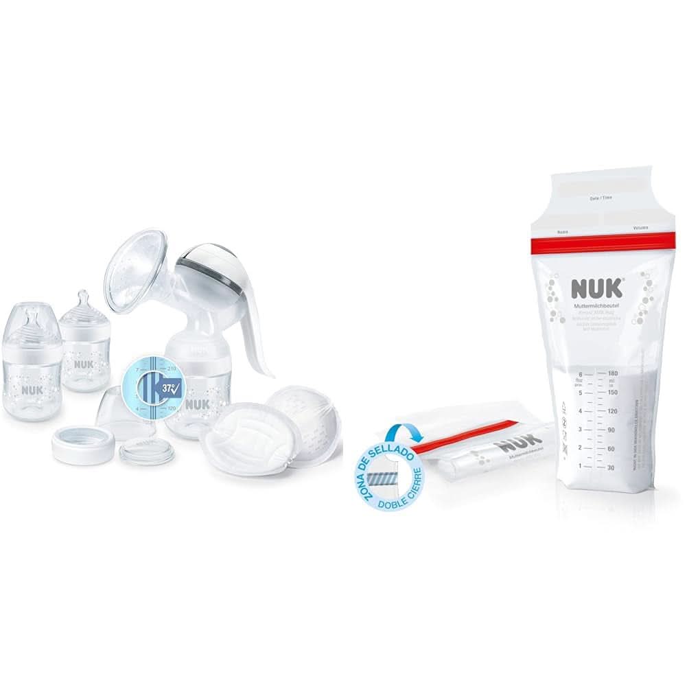 Tiralatte manuale NUK Nature Sense | Set da allattamento con tiralatte manuale, biberon e coppette assorbilatte Ultra Dry Comfort | 6 pezzi Accessori Alimentazione e Allattamento Bebe Naty Shop Confezione con busta per il latte materno Con controllo della temperatura