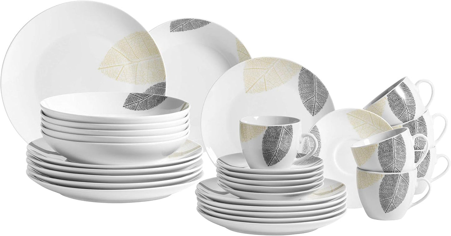 MÄSER 931215 Servizio da tavola splendidamente decorato per 6, servizio combinato 30 pezzi, con forme senza cornice, porcellana, bianco