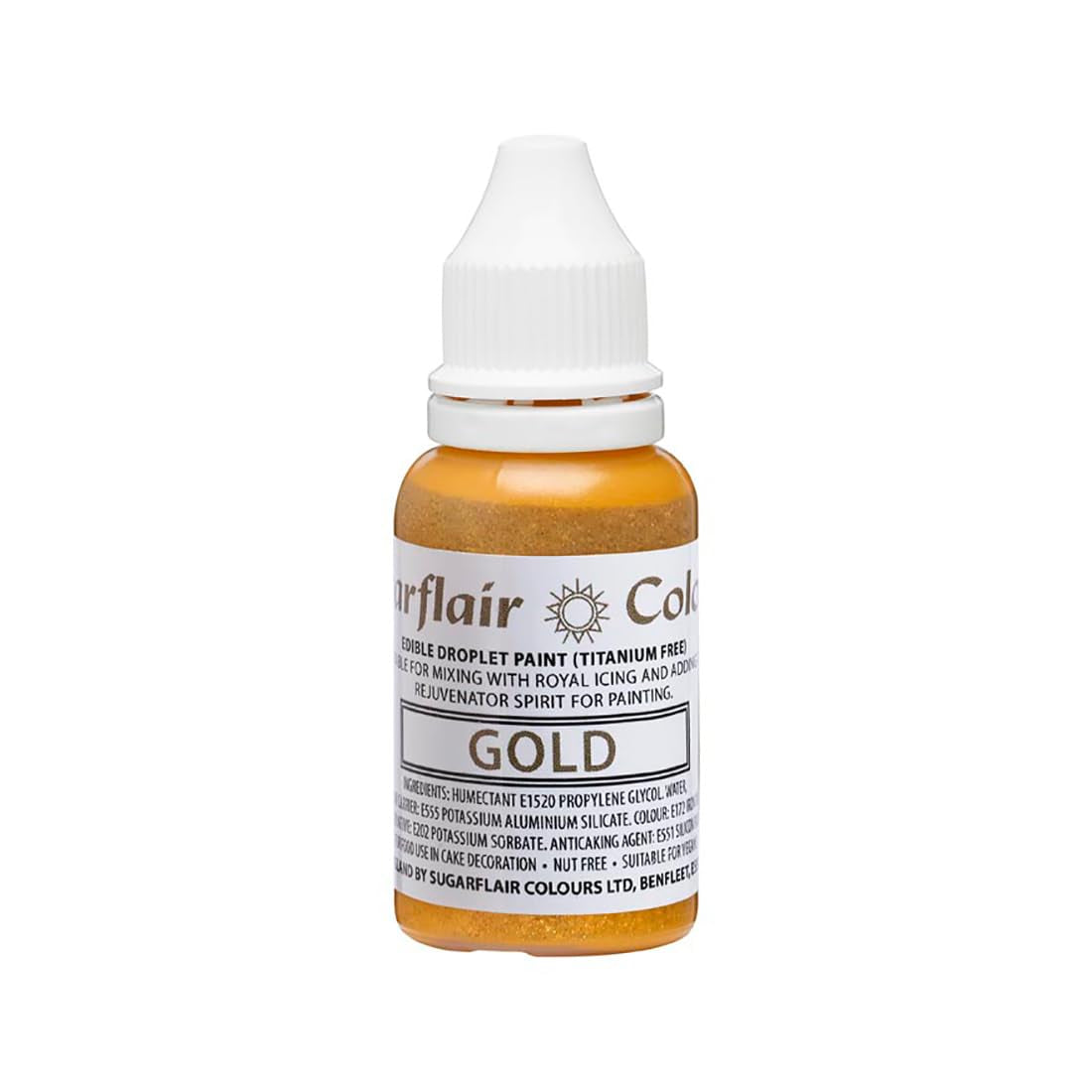 Sugarflair Edible Drop Paint Liquid Gold - Colorante alimentare per pasta di zucchero, crema al burro - Può essere utilizzato con un aerografo - 14 ml
