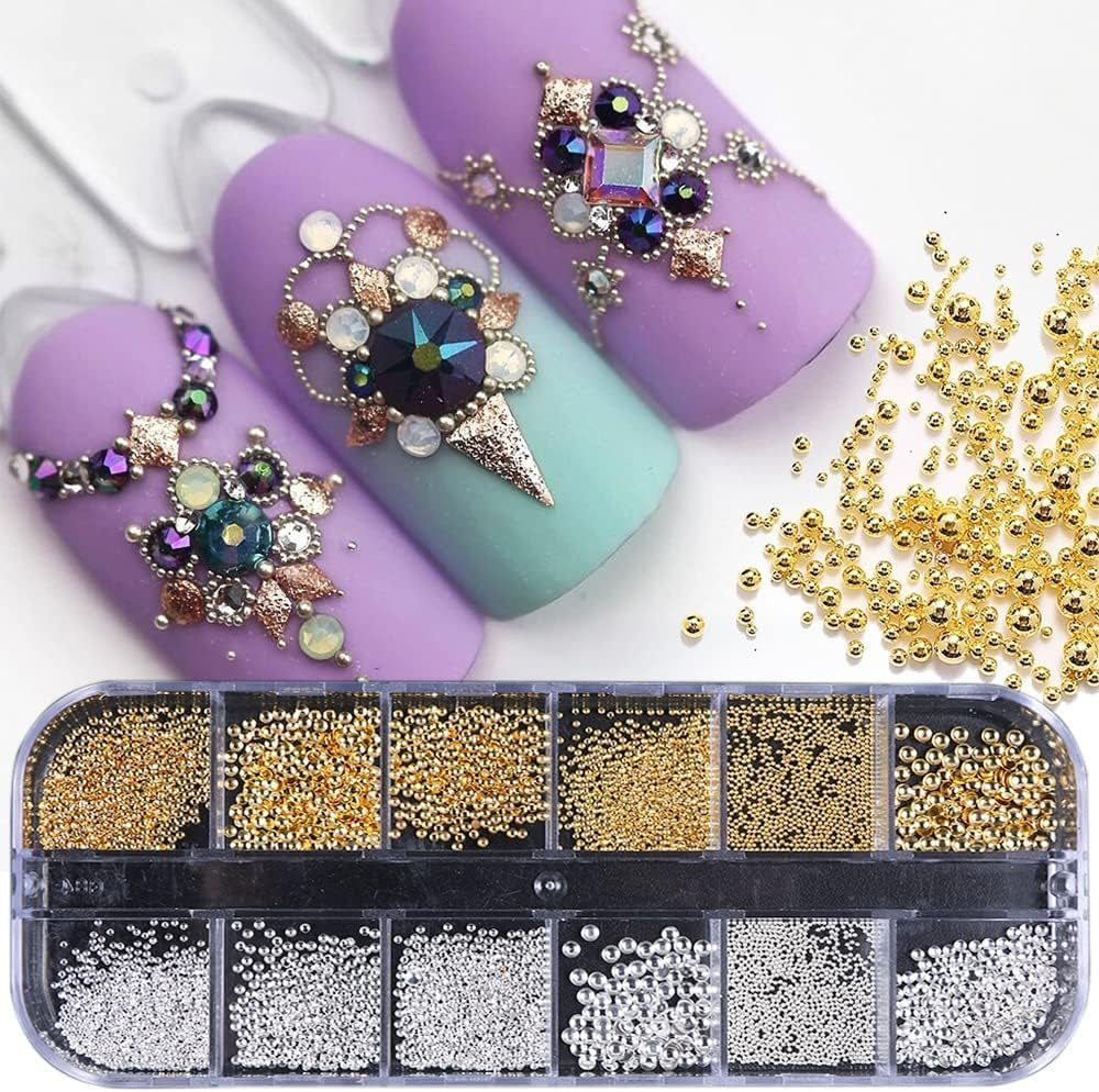 GZMAYUEN Nail Art Perle Micro Caviar Per Nägel, 0.3-3Mm Goldene Silber Mini Caviar Strasssteine, Weiß Beige Mini Nägel Perle Mikroperlen Dekor Per Nägel