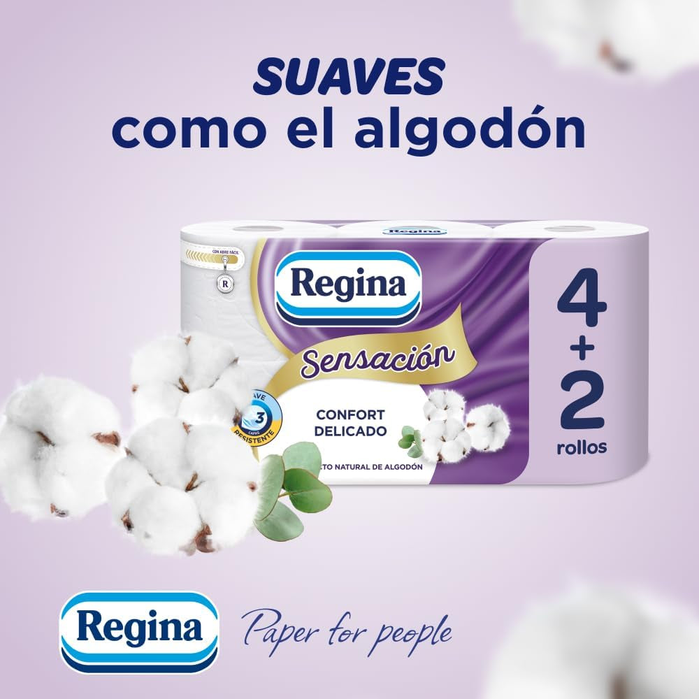 Regina Feeling - 42 rotoli di carta igienica, 175 fogli a tre strati, estratto di cotone naturale e profumazione delicata, packaging 60% plastica riciclata, carta certificata 100% Fsc