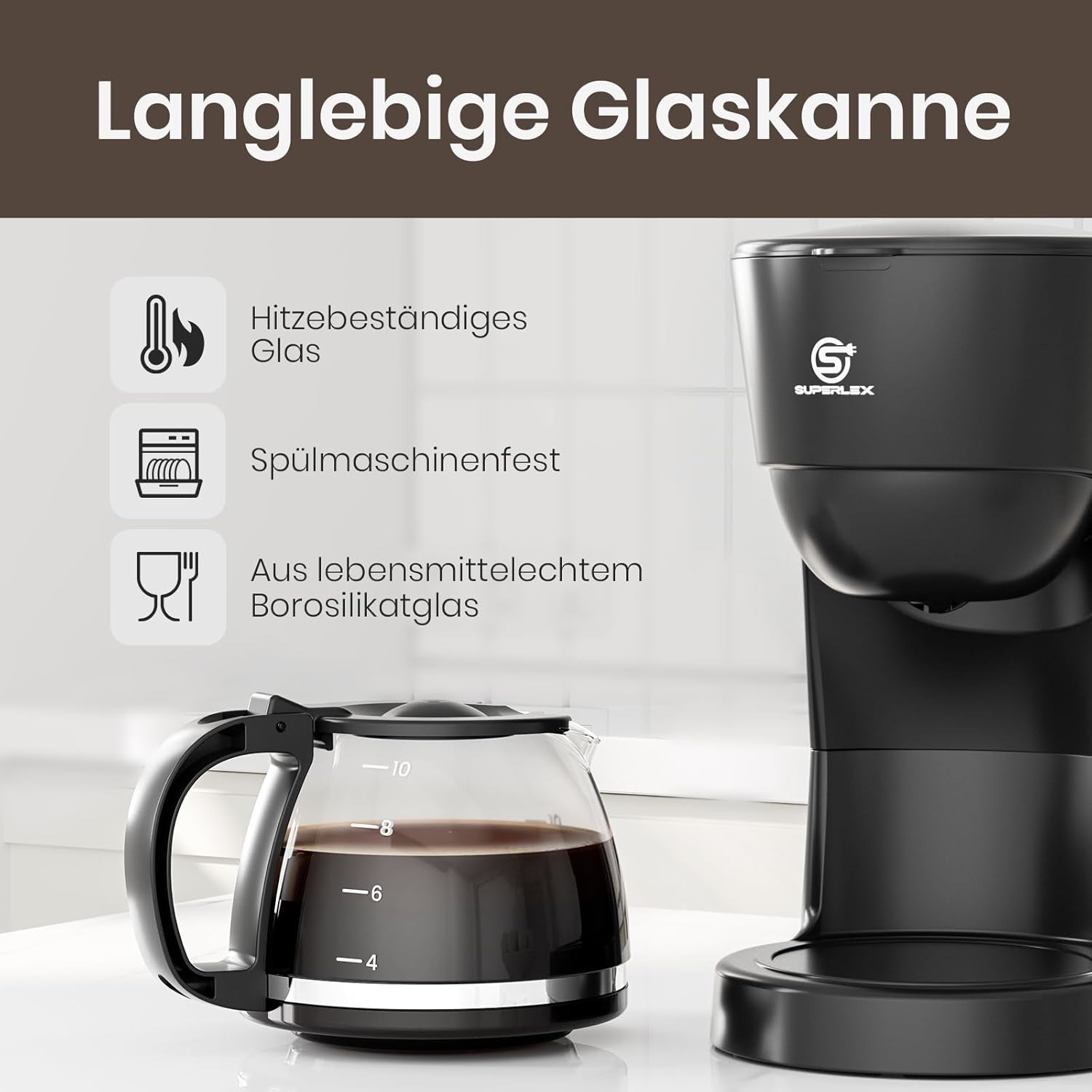 Caffettiera con filtro da 1,25 l per 10 tazze di caffè con filtro, caraffa in vetro lavabile in lavastoviglie, thermos, sistema antigoccia, spegnimento automatico, 600 W, protezione contro l'ebollizione senza acqua per casa e ufficio