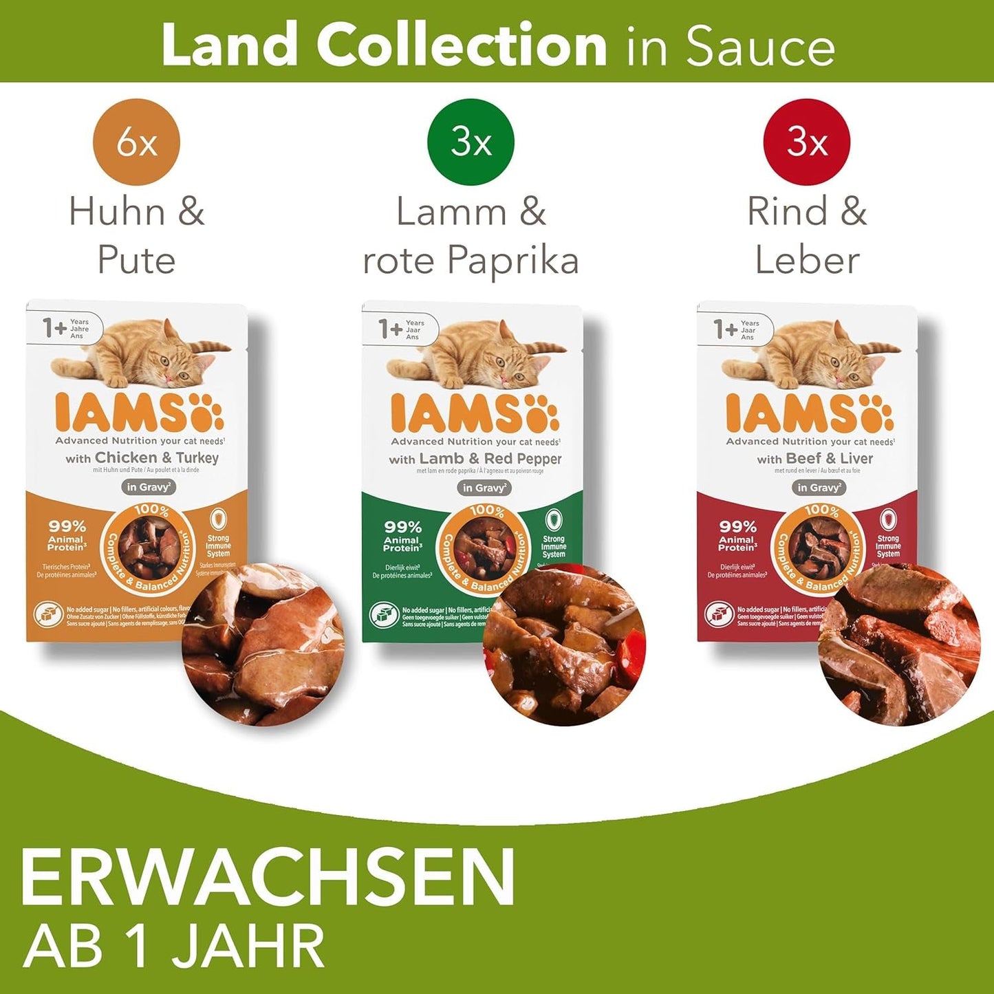 IAMS Delights Land Collection Cibo umido per gatti - Confezione multipla con varietà di carne (agnello, manzo, pollo e tacchino) in salsa, cibo umido per gatti da 1 anno, 12 x 85g
