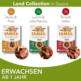 IAMS Delights Land Collection Cibo umido per gatti - Confezione multipla con varietà di carne (agnello, manzo, pollo e tacchino) in salsa, cibo umido per gatti da 1 anno, 12 x 85g