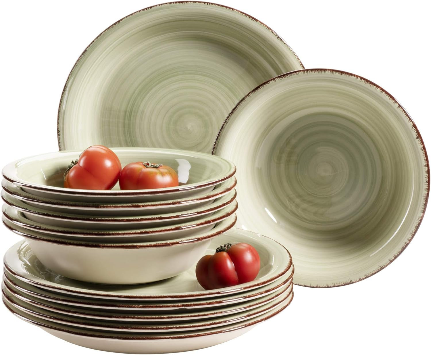 MÄSER Servizio da tavola per 6, Look vintage moderno, Servizio da tavola 12 pezzi, Dipinto a mano, Verde, Piastrella, Verde oliva (Bel Tempo II)