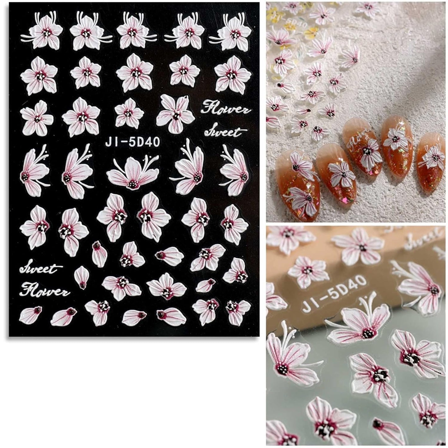 JMEOWIO 3D Nagelsticker Frühling Blume Nail Art Sticker Selbstklebend Nagelaufkleber 5D Stereoscopic Buntes Sommer Blumen Dekoration Nageldesign Zubehör 4 Blatt
