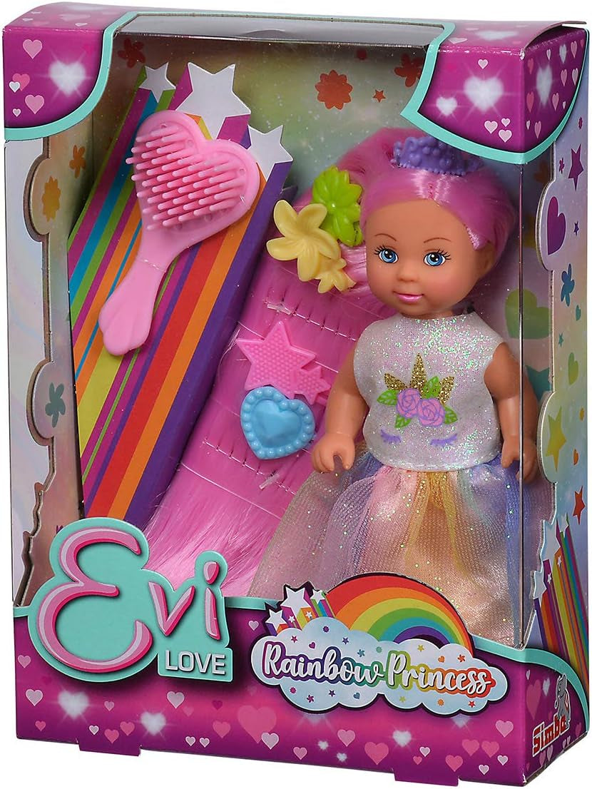 Simba Evi Love Rainbow Princess / Puppe come Regenbogenprinzessin mit Langen Haaren / 4 Haarclips and Bürste / 12cm / Für Kinder ab 3 Jahren, 105733505