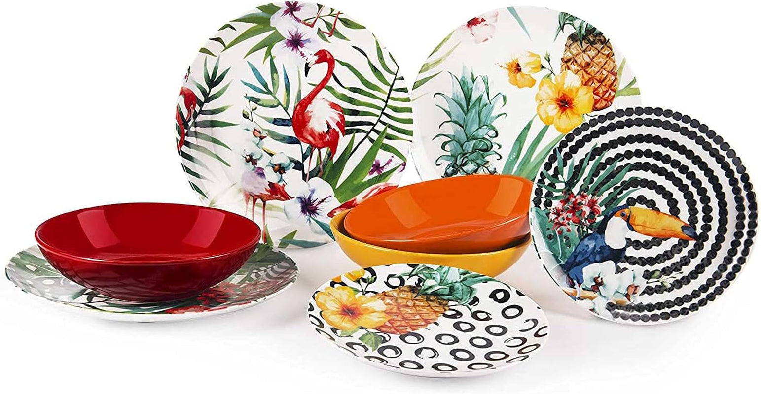 Set di piatti Excelsa Tropical Chic, 18 pezzi, Porzellan, mehrfarbig