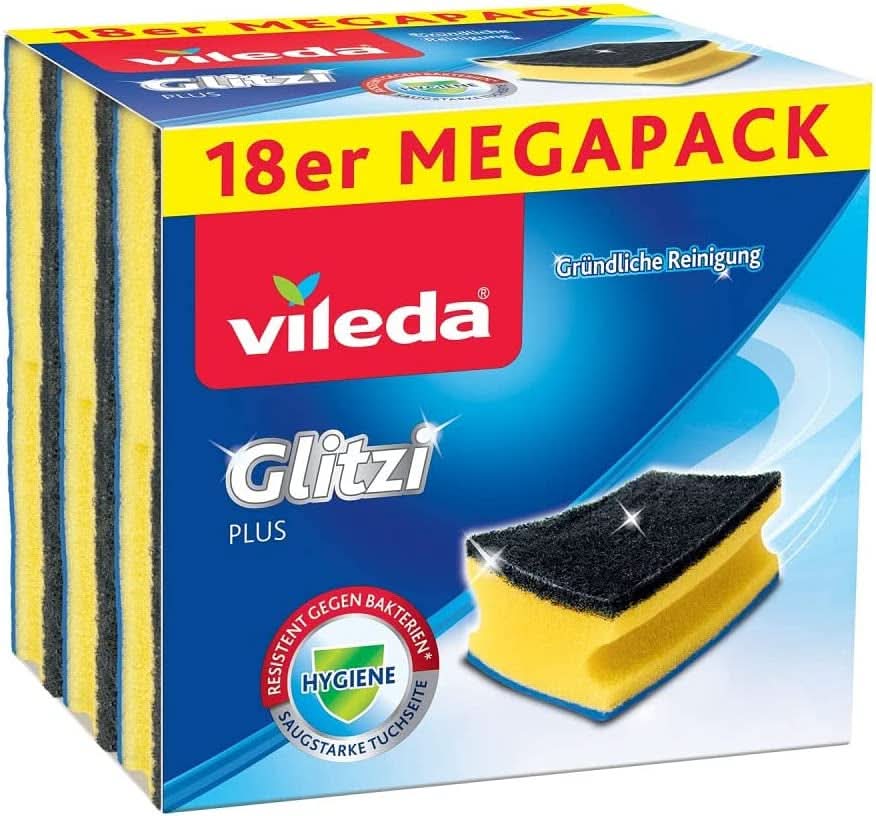 Vileda Glitzi, spugna per piatti per la cucina, con effetto antibatterico, altamente assorbente, confezione da 18 Detersivi Cucina Naty Shop