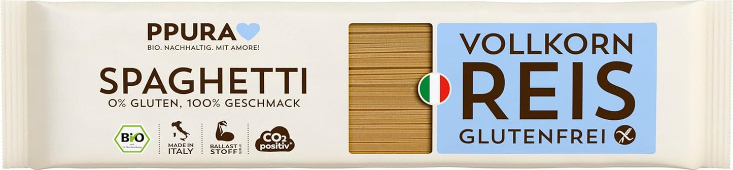 PPURA Spaghetti con riso integrale senza glutine biologico 400g - Pasta naturale italiana con riso integrale biologico - Senza glutine, senza zucchero né additivi, preparato in modo tradizionale