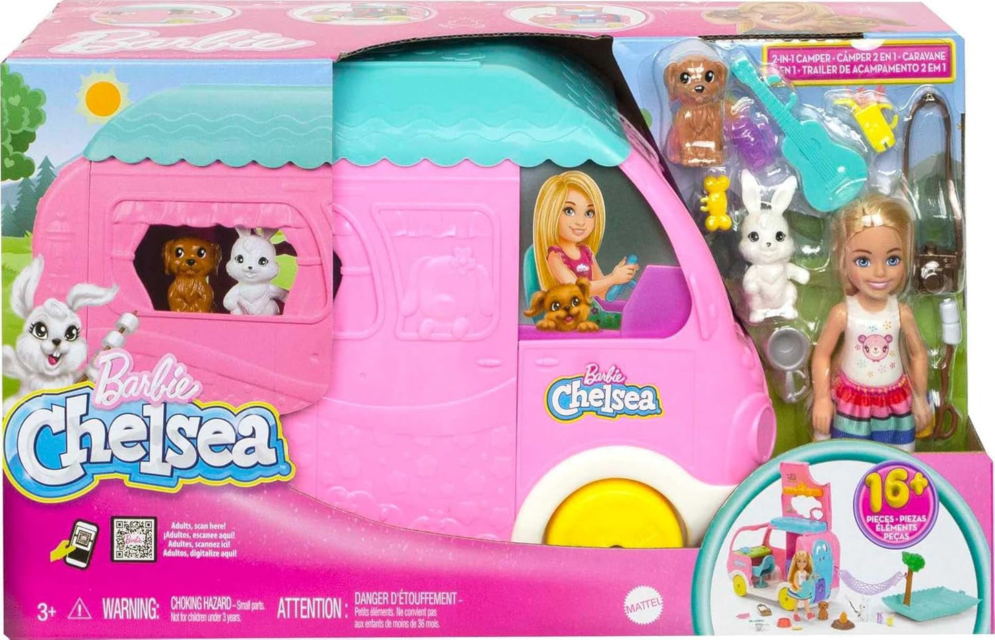 Barbie Chelsea Roulotte 2-in-1 - Veicolo giocattolo con piscina, amaca e zona pranzo per giochi fantasiosi e storie, dai 3 anni in su, HNH90
