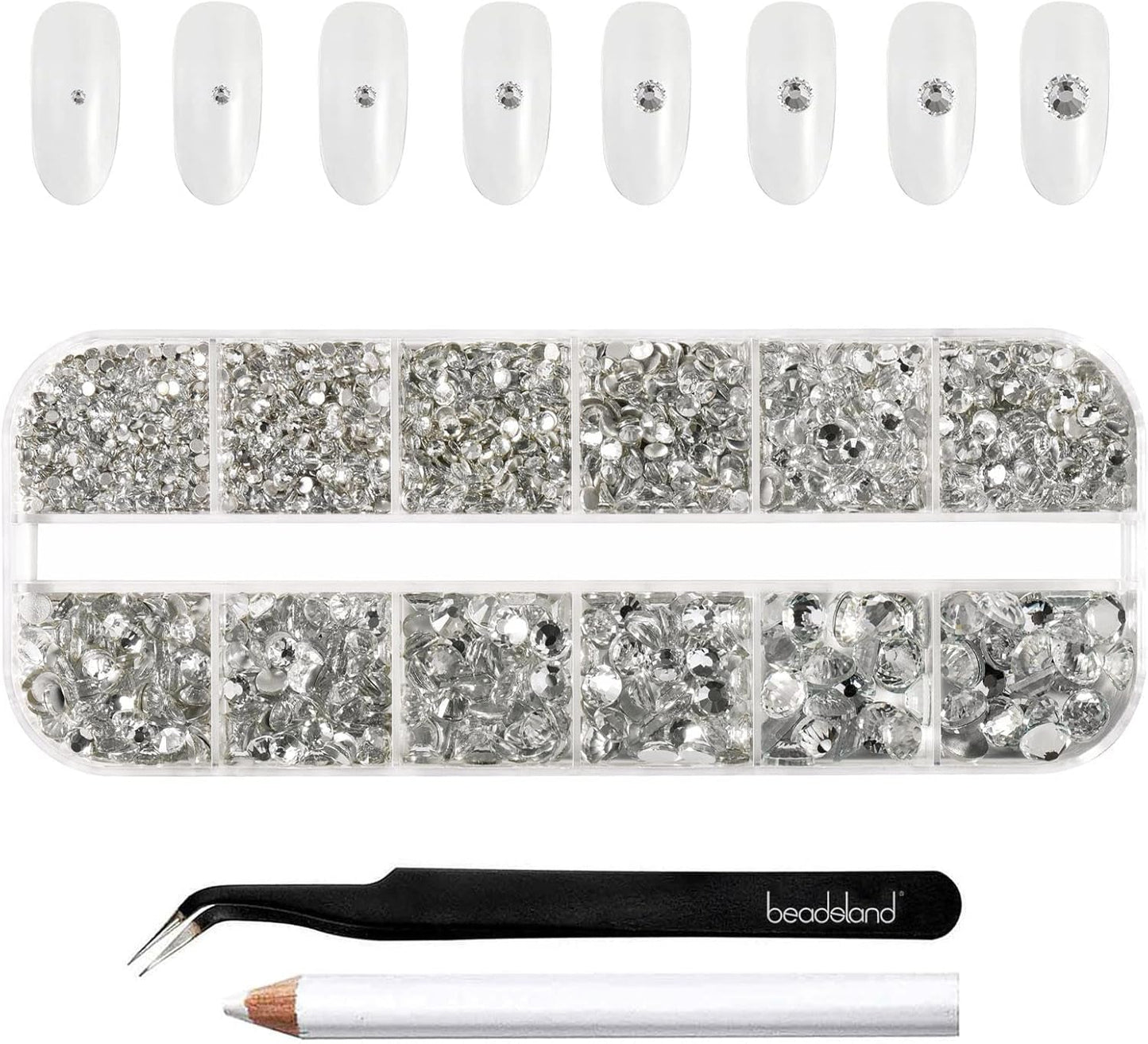 Beadsland 2500 pezzi di vetro per nail art strasssteine ​​​​Kristall Flatback Edelsteine ​​​​Runde, ​​für Handwerk Gemischt 8 Größen SS4 ~ SS30 con picking Pinzette e Stift (Kristall Weiss)