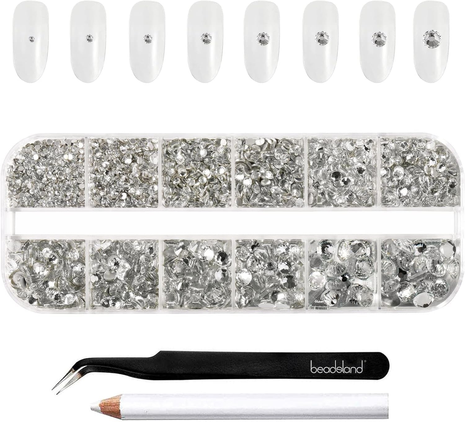 Beadsland 2500 pezzi di vetro per nail art strasssteine ​​​​Kristall Flatback Edelsteine ​​​​Runde, ​​für Handwerk Gemischt 8 Größen SS4 ~ SS30 con picking Pinzette e Stift (Kristall Weiss)