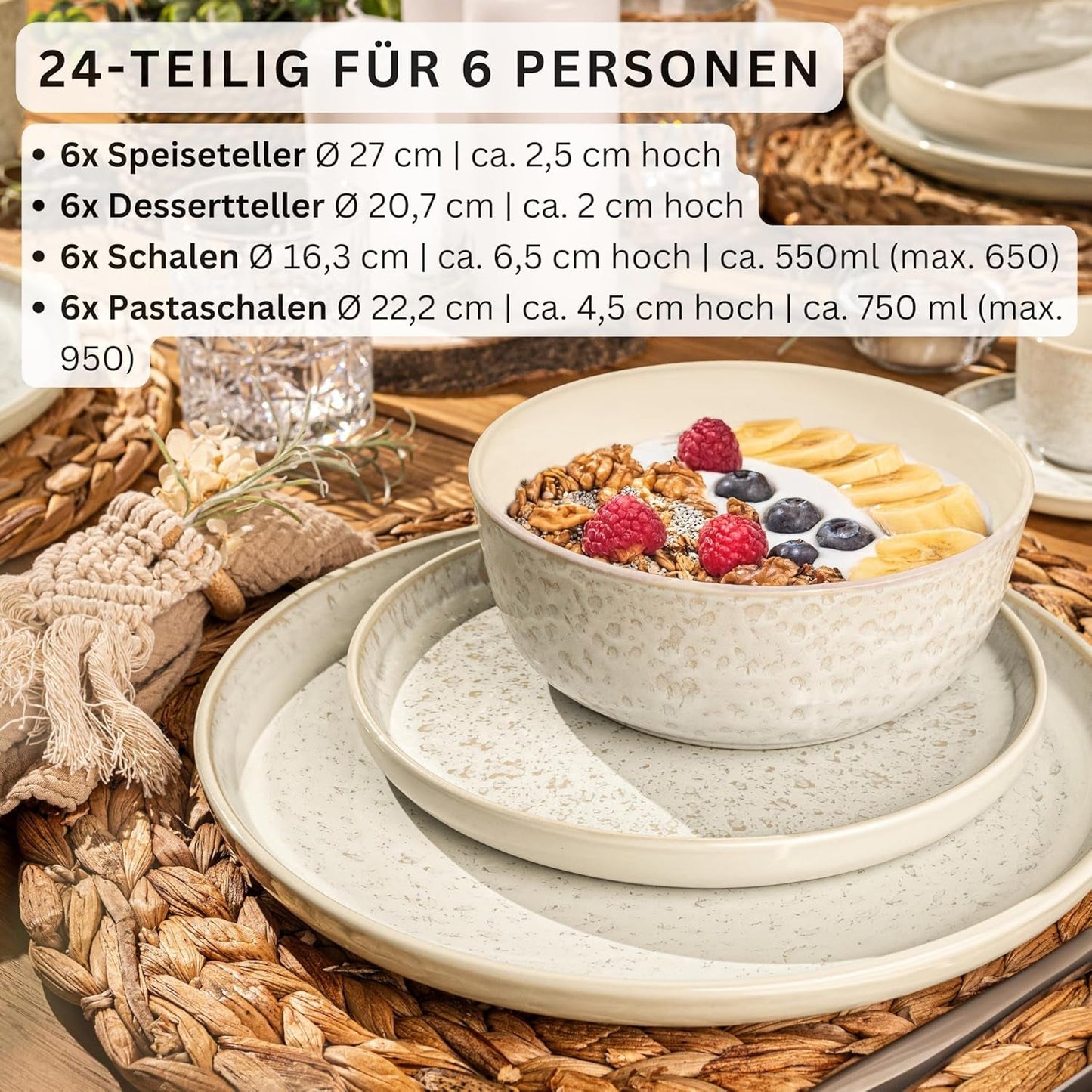 SÄNGER Key West | Set di stoviglie in gres Set di piatti piani da 24 pezzi per 6 6 piatti piani Ciotole per cereali Piatti da dessert Ciotole per pasta Stoviglie per panna con texture sabbia | LA COLLEZIONE DI VALORE