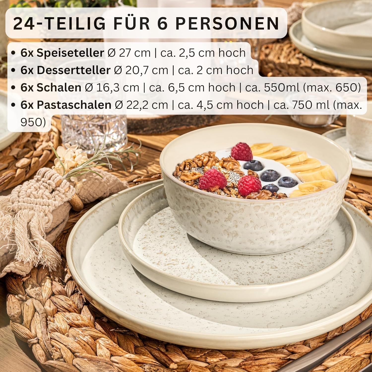 SÄNGER Key West | Set di stoviglie in gres Set di piatti piani da 24 pezzi per 6 6 piatti piani Ciotole per cereali Piatti da dessert Ciotole per pasta Stoviglie per panna con texture sabbia | LA COLLEZIONE DI VALORE