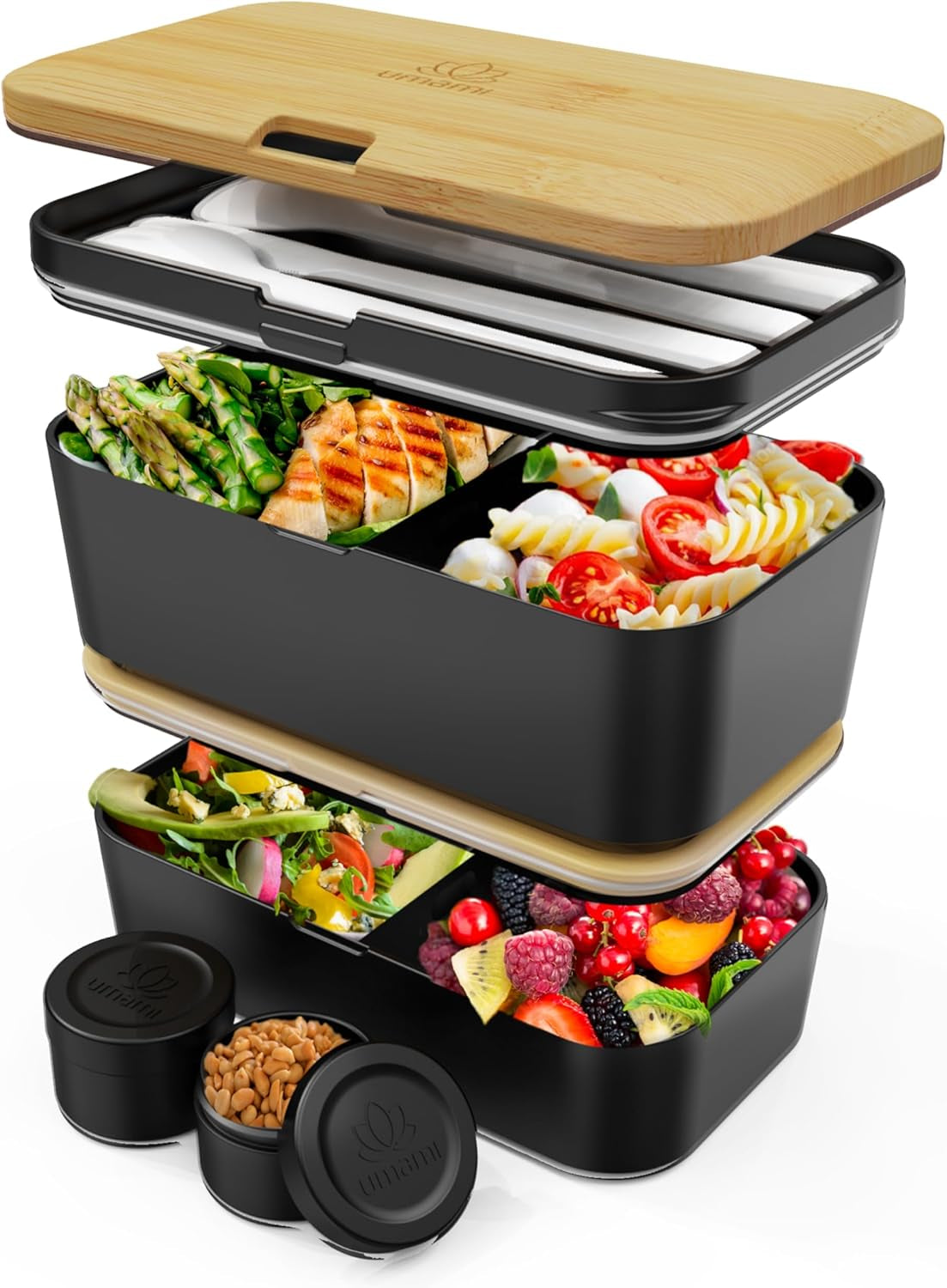 Portapranzo Umami per adulti, Bento Box impilabile a tenuta stagna con 4 posate e scomparti, Portapranzo per adulti, Contenitore per insalata da asporto, Portapranzo da picnic/ufficio, Grigio antracite, 1500 ml