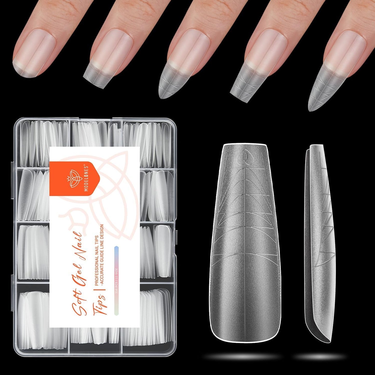 Modelones Nail Tips 216 pezzi - Set di punte per unghie a copertura totale, Set di punte in gel morbido, Punte per unghie in resina PMMA pre-lucidatura, Colla fai-da-te su unghie artificiali, Mandorle corte XS