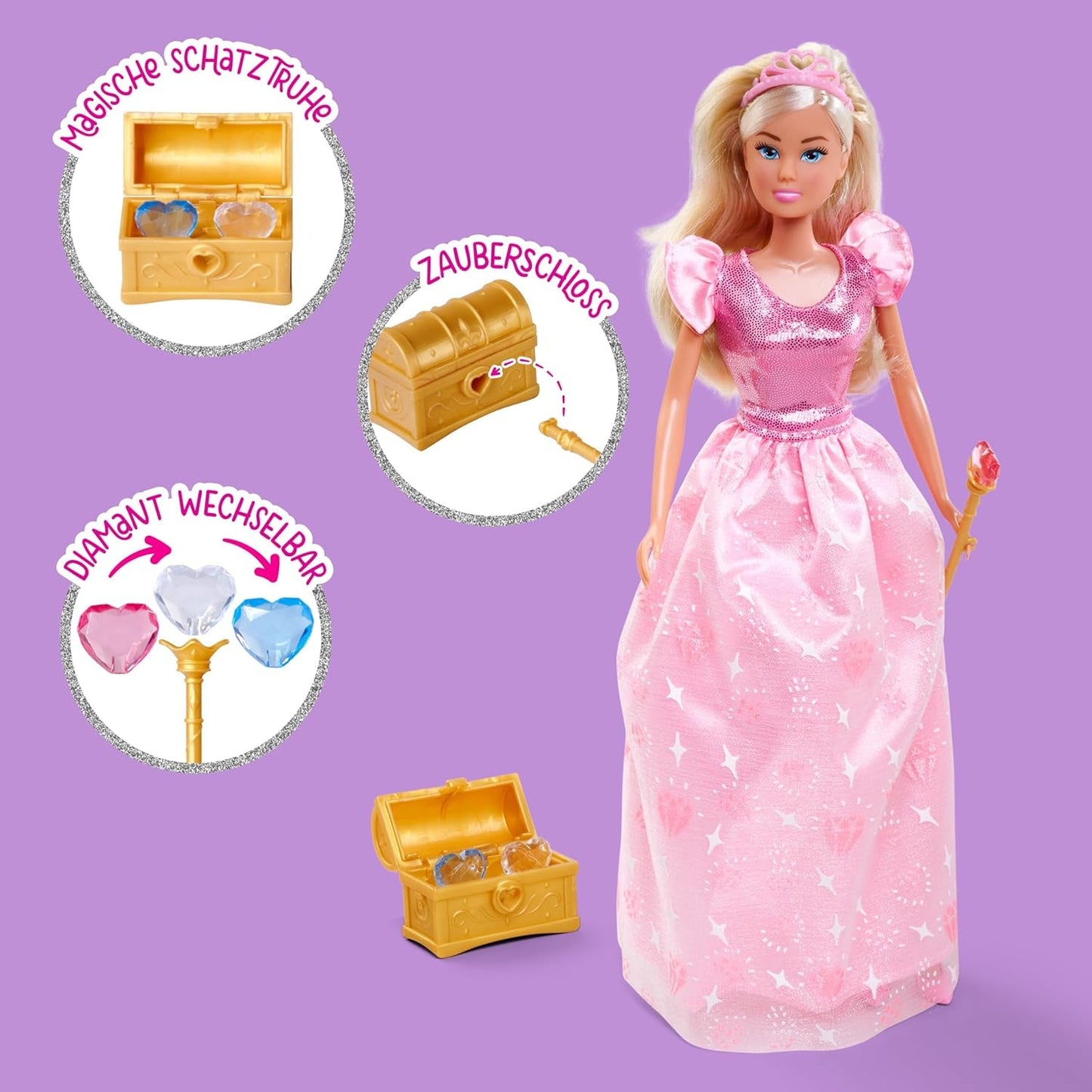 Simba Steffi Love Princess Diamond Princess gioca con la bambola con scrigno del tesoro magico, scettro e diamanti, 29 cm, da 3 anni in su