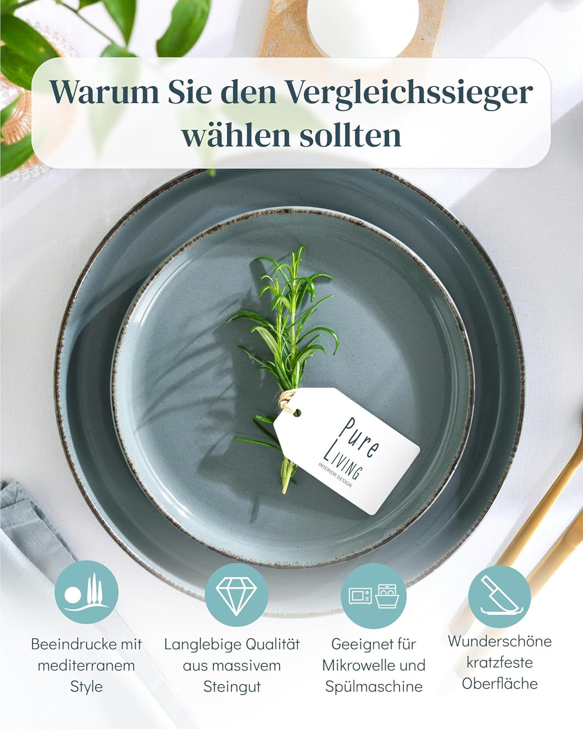 Steingut Geschirrset 12 Personen Rustico 36 tlg. TESTSIEGER, Hochwertiges Landhaussttil Steingut Geschirr Set, Schüssel- und Teller Set, Tafelservice 12 Personen, Geschirrsets Pure Living in Rauchblau