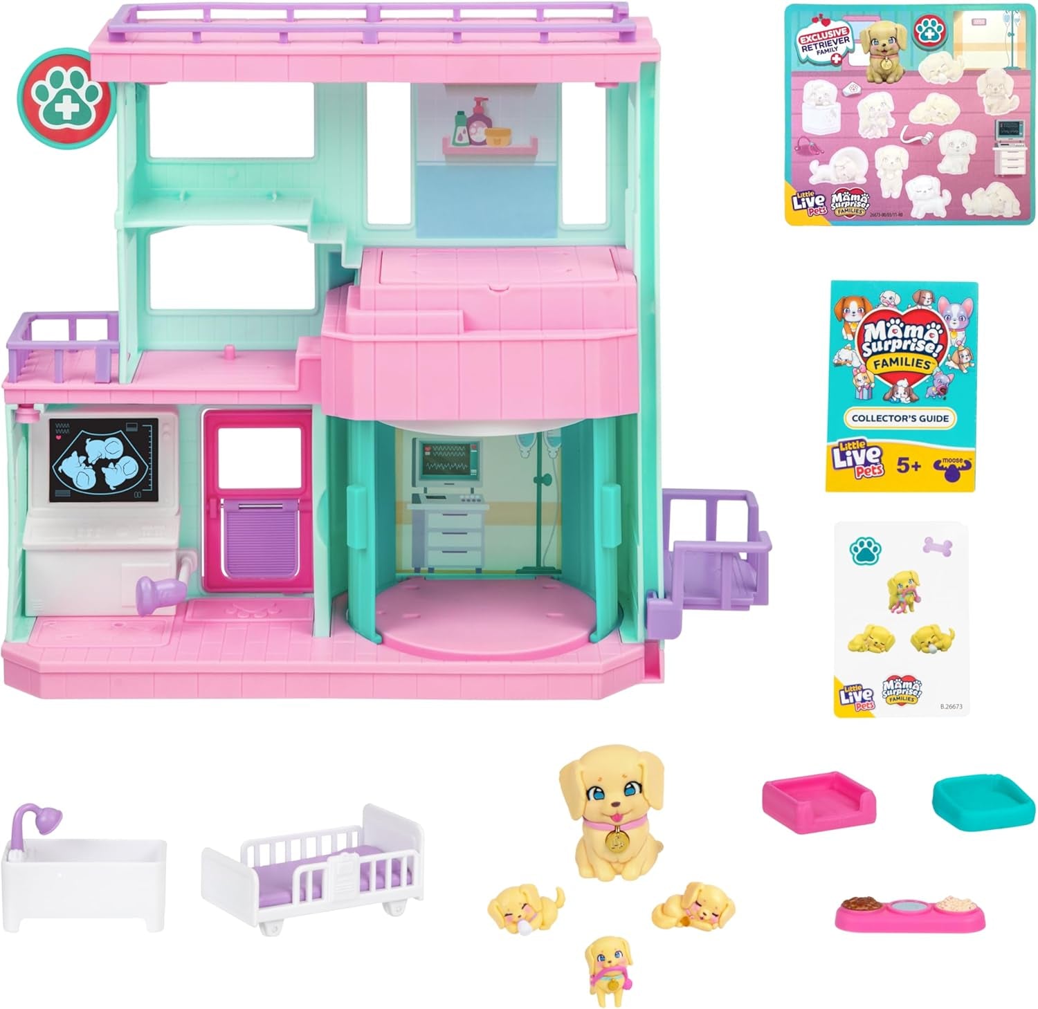 Little Live Pets Mama Surprise Families Baby Clinic Playset, 3 cuccioli di Retriever inclusi, Magic, set da gioco fronte-retro (27,8 cm di larghezza, 23,8 cm di altezza). Dare da mangiare, fare il bagno e giocare, regalo per bambini Action figures Naty Shop