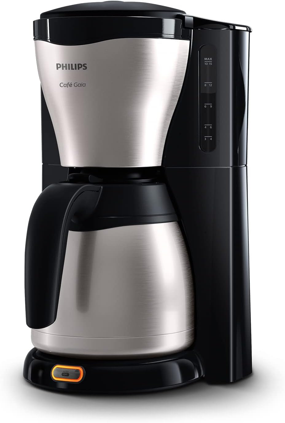 PHILIPS Café Gaia Macchina per caffè espresso con filtro - Caraffa termica in acciaio inossidabile, Sistema antigoccia, Aroma intenso, Spegnimento automatico, 1300 ml, Nero (HD7546/20)