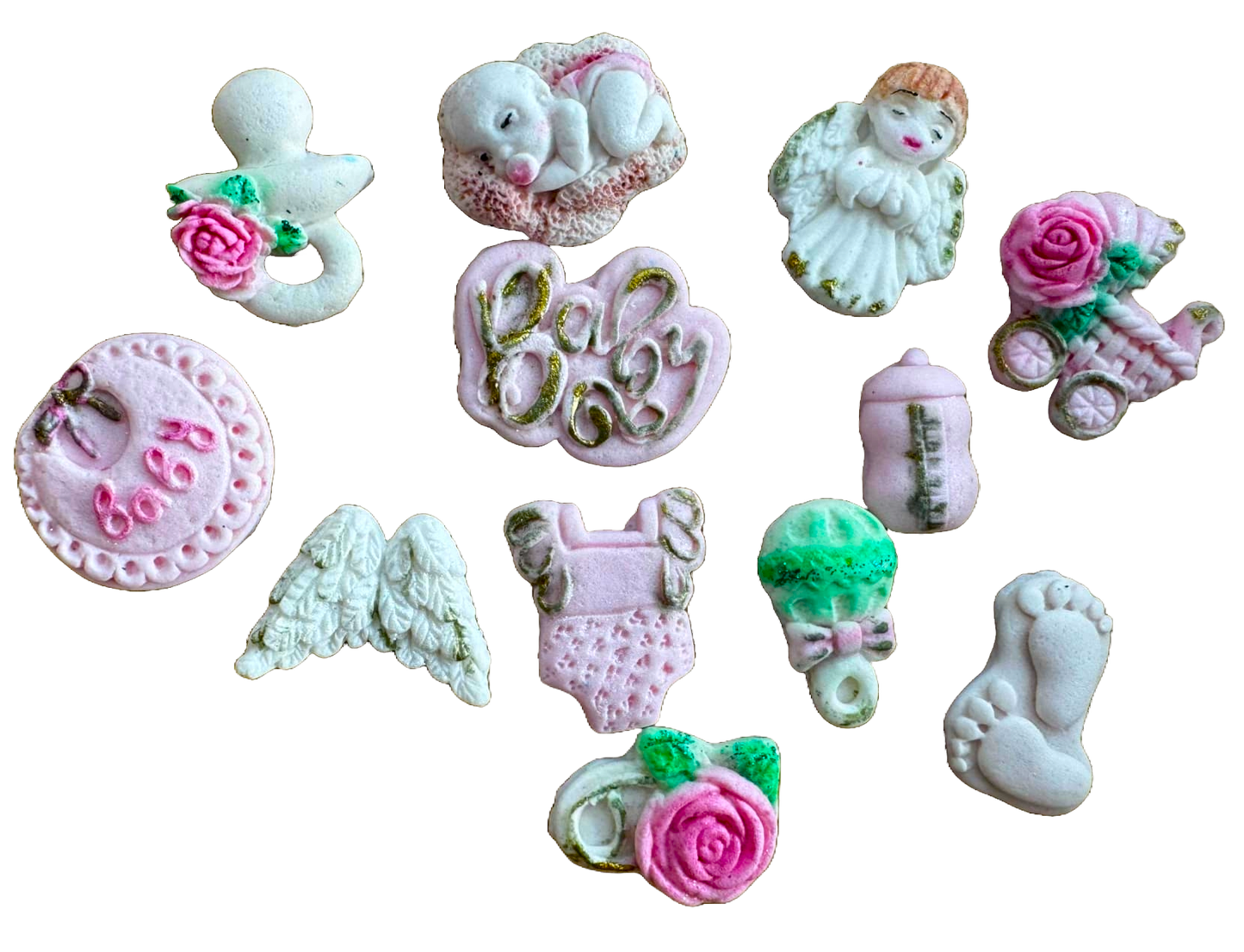 Set di 12 decorazioni commestibili in pasta di zucchero, Decorazioni per Battesimo in pasta di zucchero Naty Shop