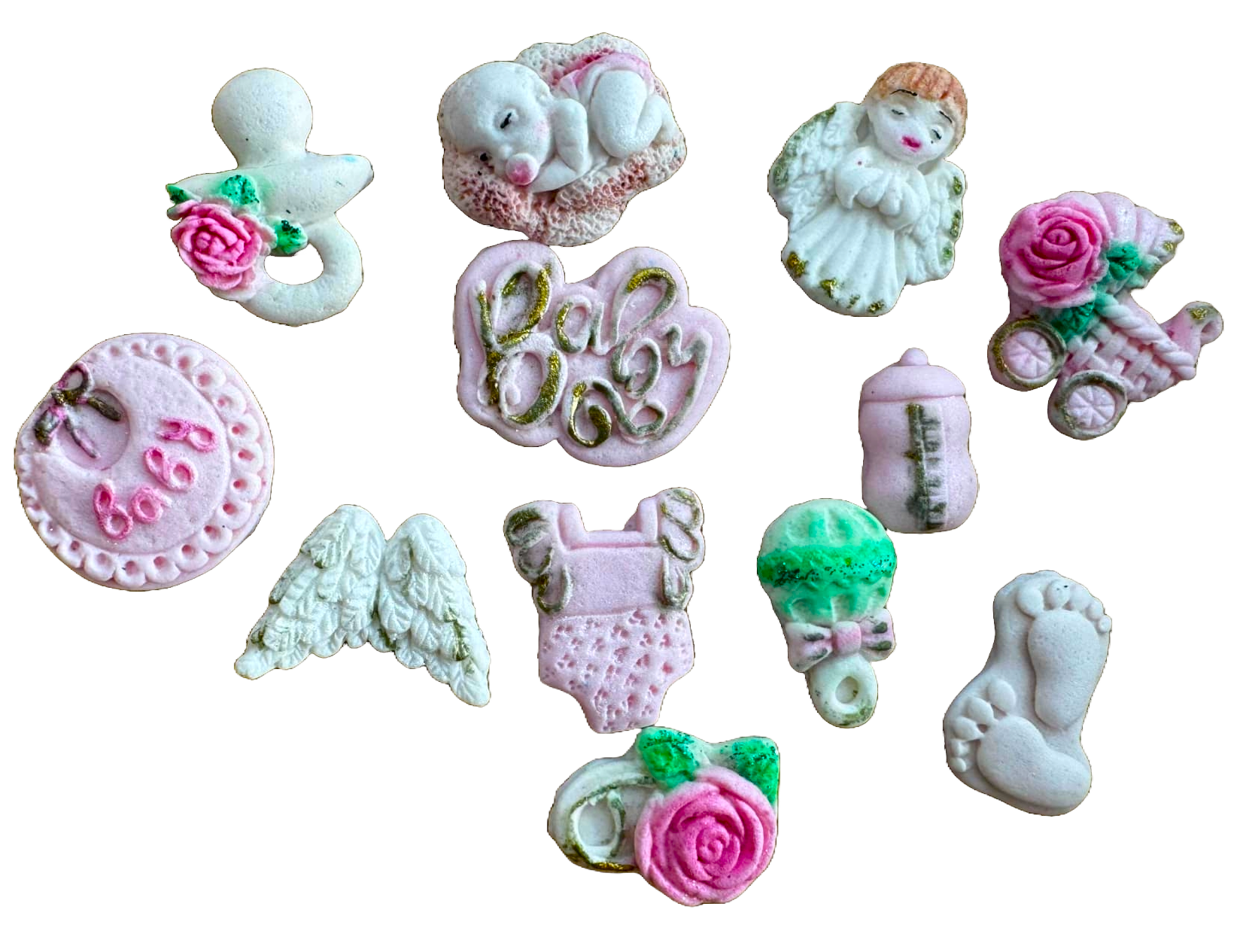 Set di 12 decorazioni commestibili in pasta di zucchero, Decorazioni per Battesimo in pasta di zucchero Naty Shop