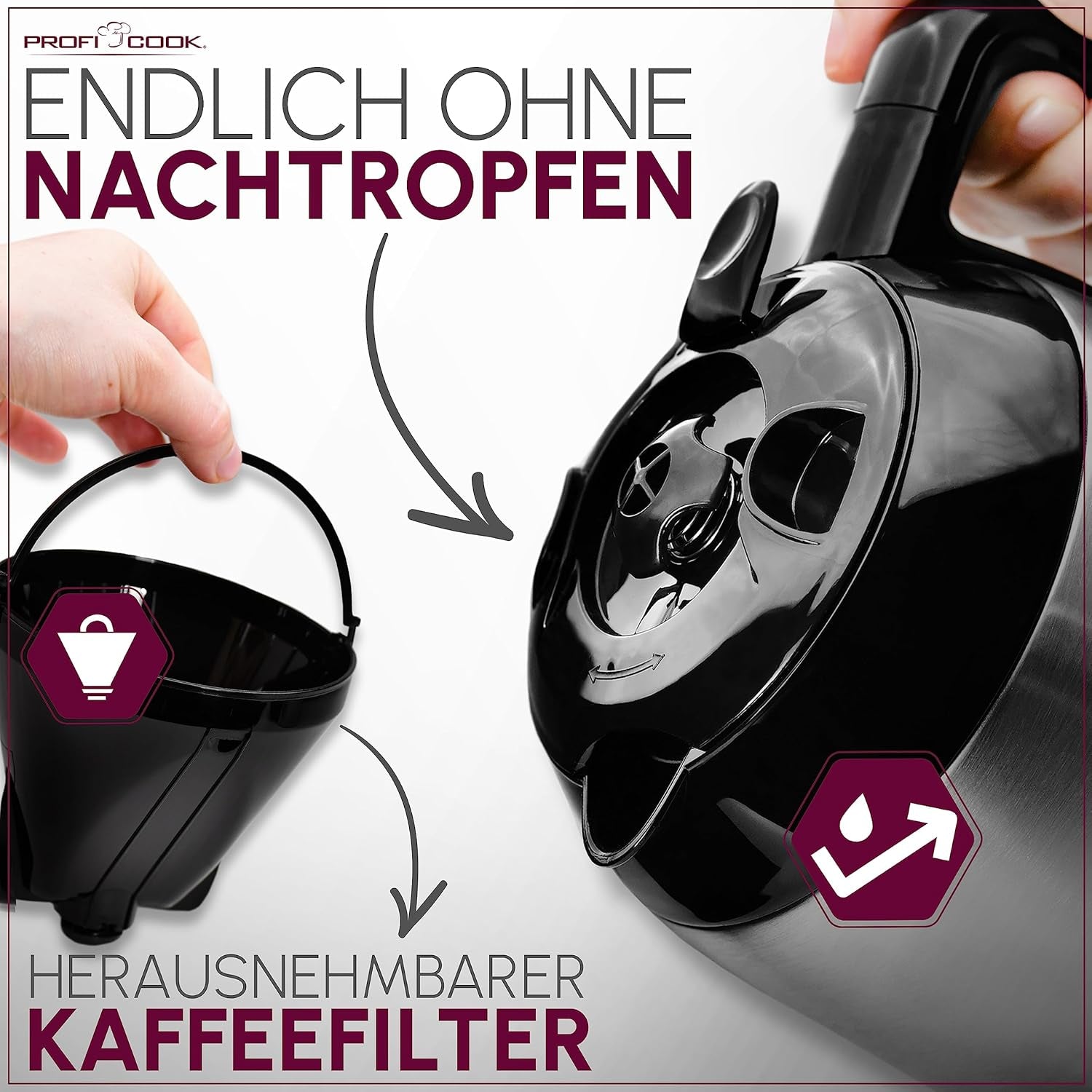 Macchina da caffè Profi Cook | 8-10 tazze | Temporizzatore | Controlli tattili con sensore | Caraffa termica a doppia parete da 1,2 litri | Sigillo di sapore | Caffettiera con filtro in acciaio inox | PC-KA 1191