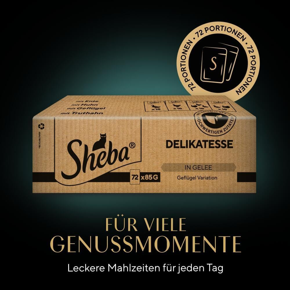 SHEBA Cibo umido per gatti - 72 buste x 85g - Varietà di pollame in gelatina - Cibo umido per gatti - 1 confezione grande
