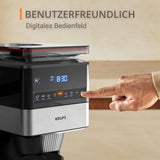 KRUPS Grind Aroma XL Macchina per caffè espresso, Macinino conico rimovibile, Pannello di controllo digitale, Capacità XL (1,5 L), Funzione Mantieni caldo, Caraffa in vetro, Nero/Acciaio inossidabile, KM842810
