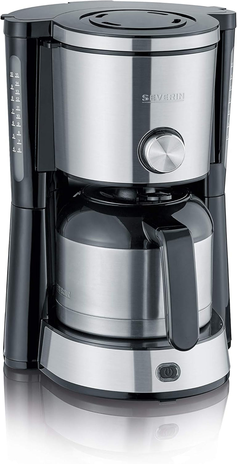 Macchina per caffè espresso SEVERIN "TypeSwitch" con caraffa termica, AromaSwitch per scegliere tra 2 profili di erogazione, macchina da caffè fino a 10 tazze, 1000 W, acciaio inossidabile spazzolato-nero, KA 4845