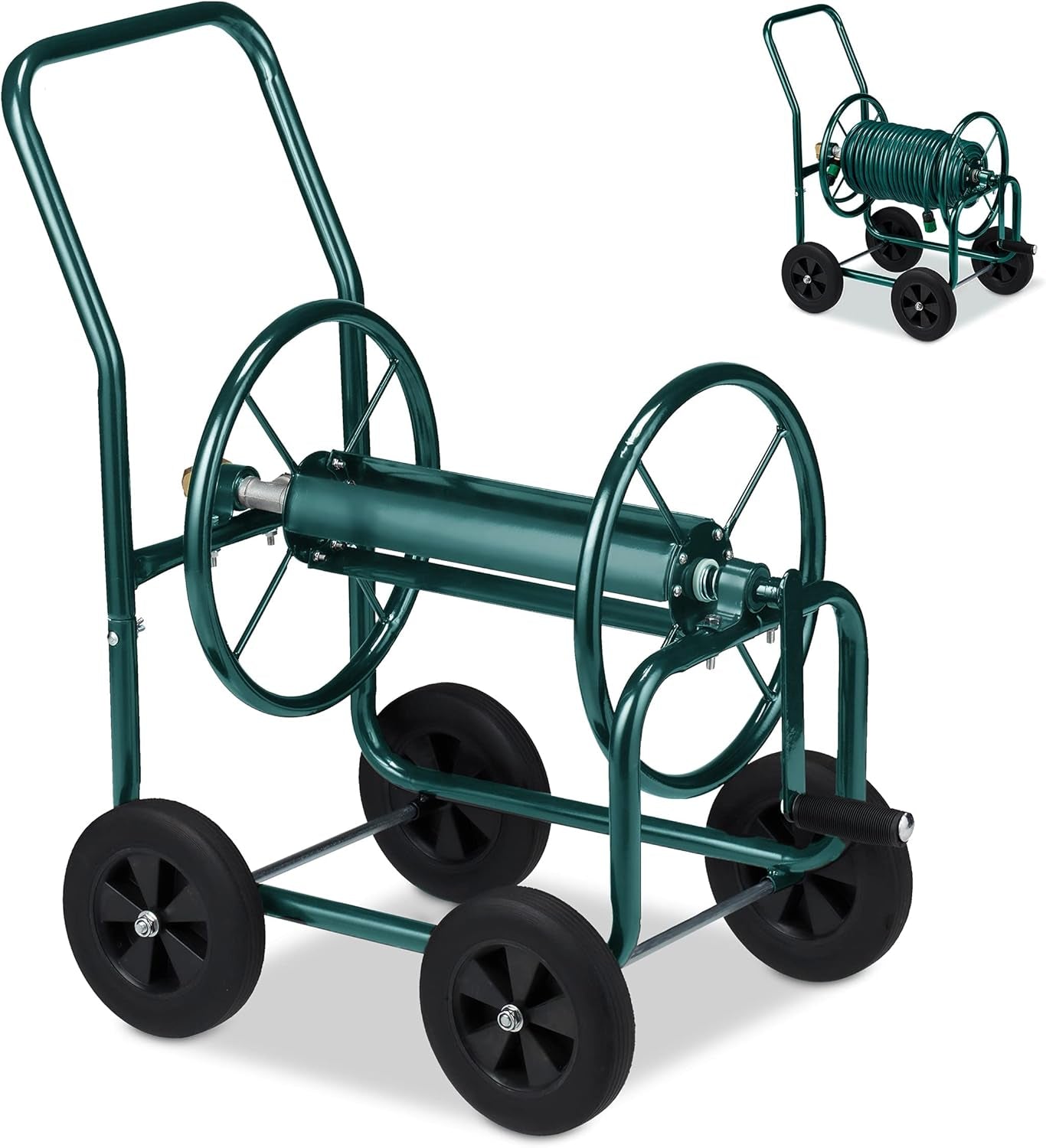 Relaxdays Carrello Portagomma Fino a 60m 4 Gomme in Gomma Piena Accoppiamento a Scatto Avvolgitubo in Metallo Dispenser per Tubo Verde