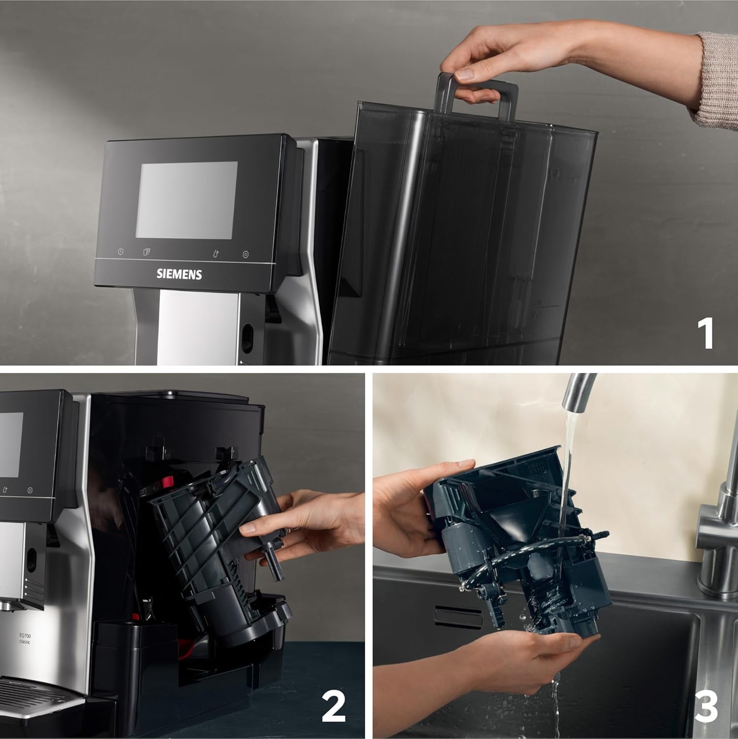 Macchina per caffè espresso automatica Siemens EQ700 classic TP715D01, controllo tramite app, cold brew, display touch intuitivo, fino a 10 creazioni di caffè individuali come preferite, pulizia automatica a vapore, 1500 W, grigio argento