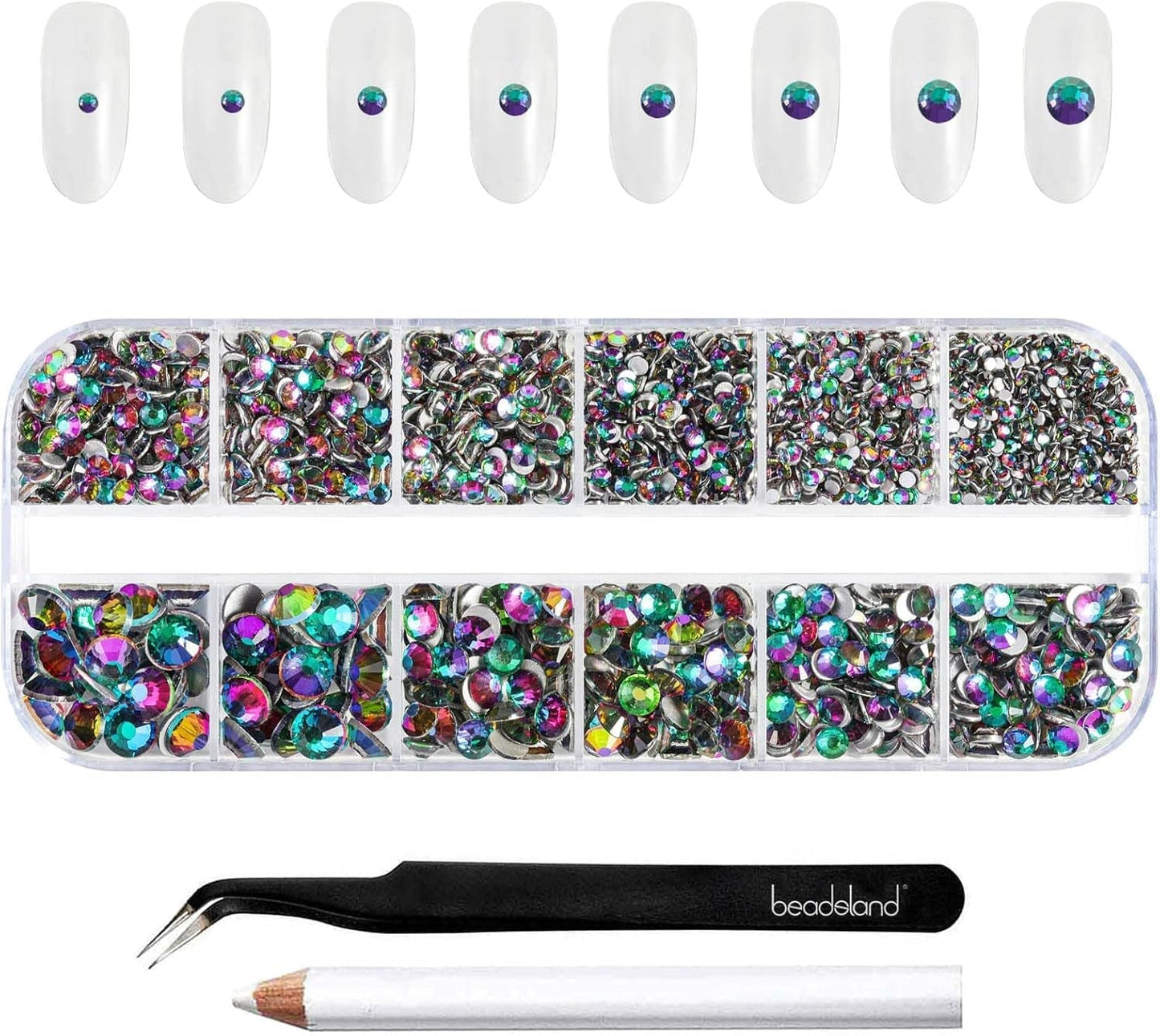 Beadsland 2500 pezzi di vetro per nail art strasssteine ​​​​Kristall Flatback Edelsteine ​​​​Runde, ​​für Handwerk Gemischt 8 Größen SS4 ~ SS30 con picking Pinzette e Stift (Kristall Weiss)