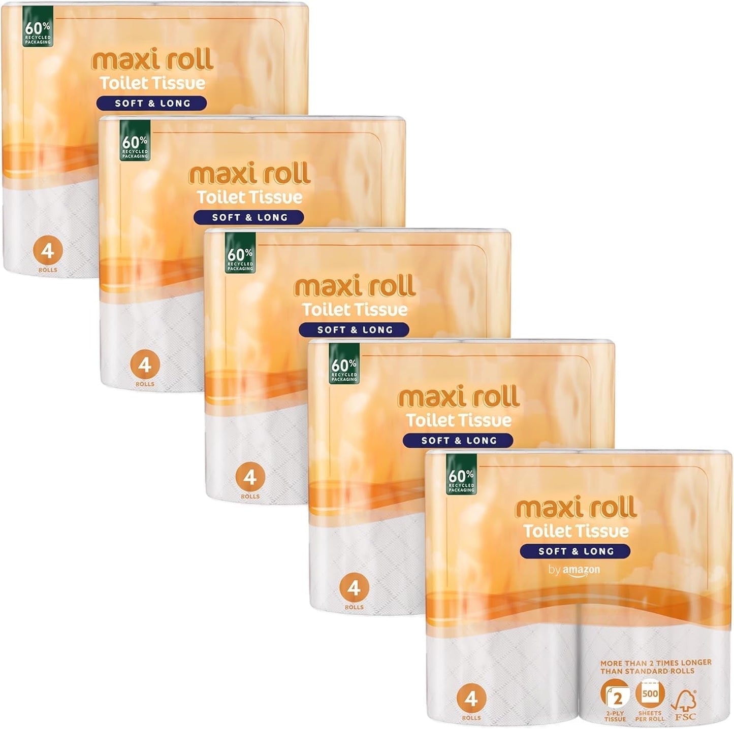 By Amazon Carta Igienica (Maxi Rotolo), 2 Veli, Trapuntata, Morbida e Delicata, 20 Rotoli (5 Confezioni da 4), 500 Strappi Per Rotolo, Certificata Fsc