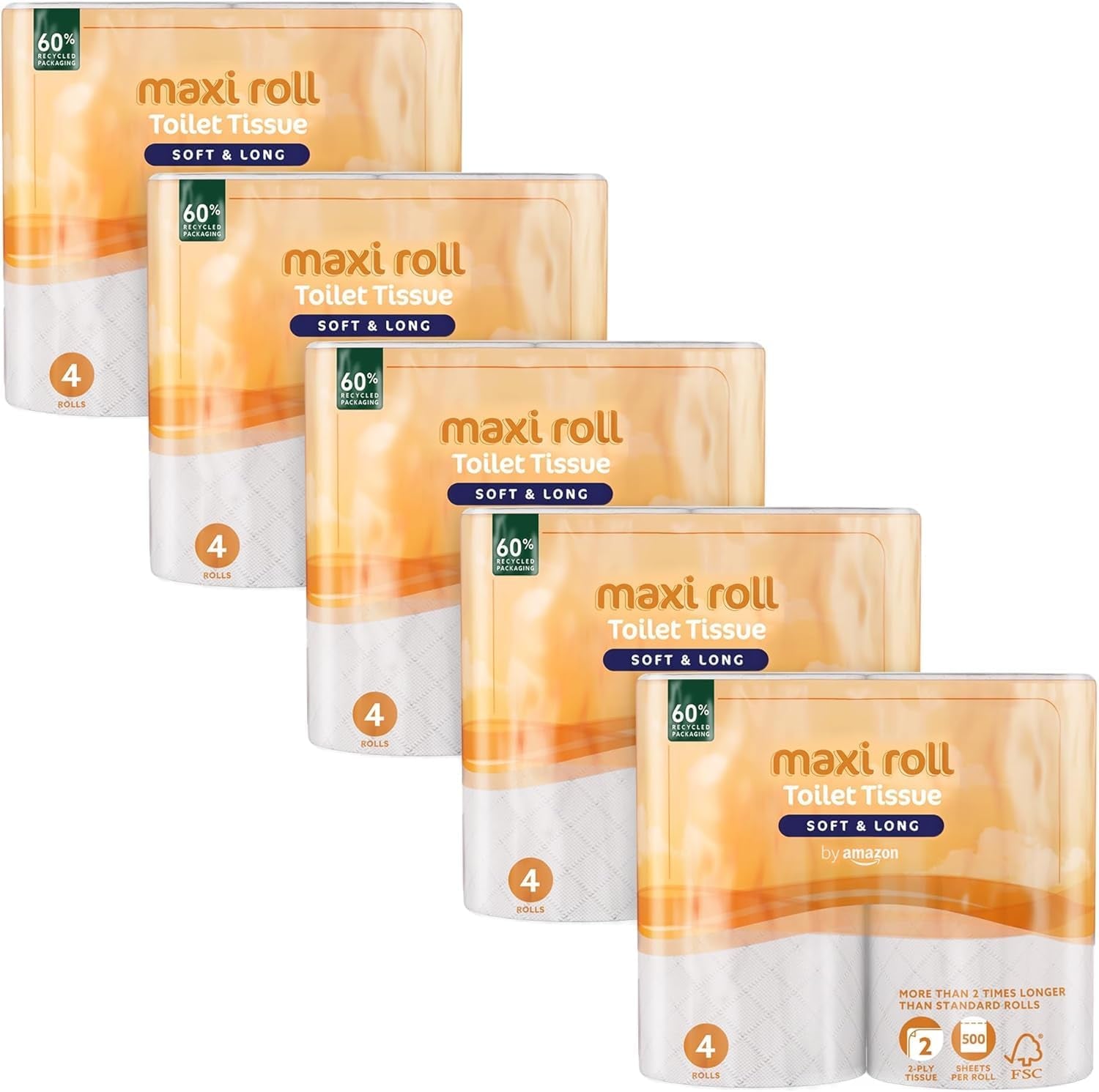 By Amazon Carta Igienica (Maxi Rotolo), 2 Veli, Trapuntata, Morbida e Delicata, 20 Rotoli (5 Confezioni da 4), 500 Strappi Per Rotolo, Certificata Fsc
