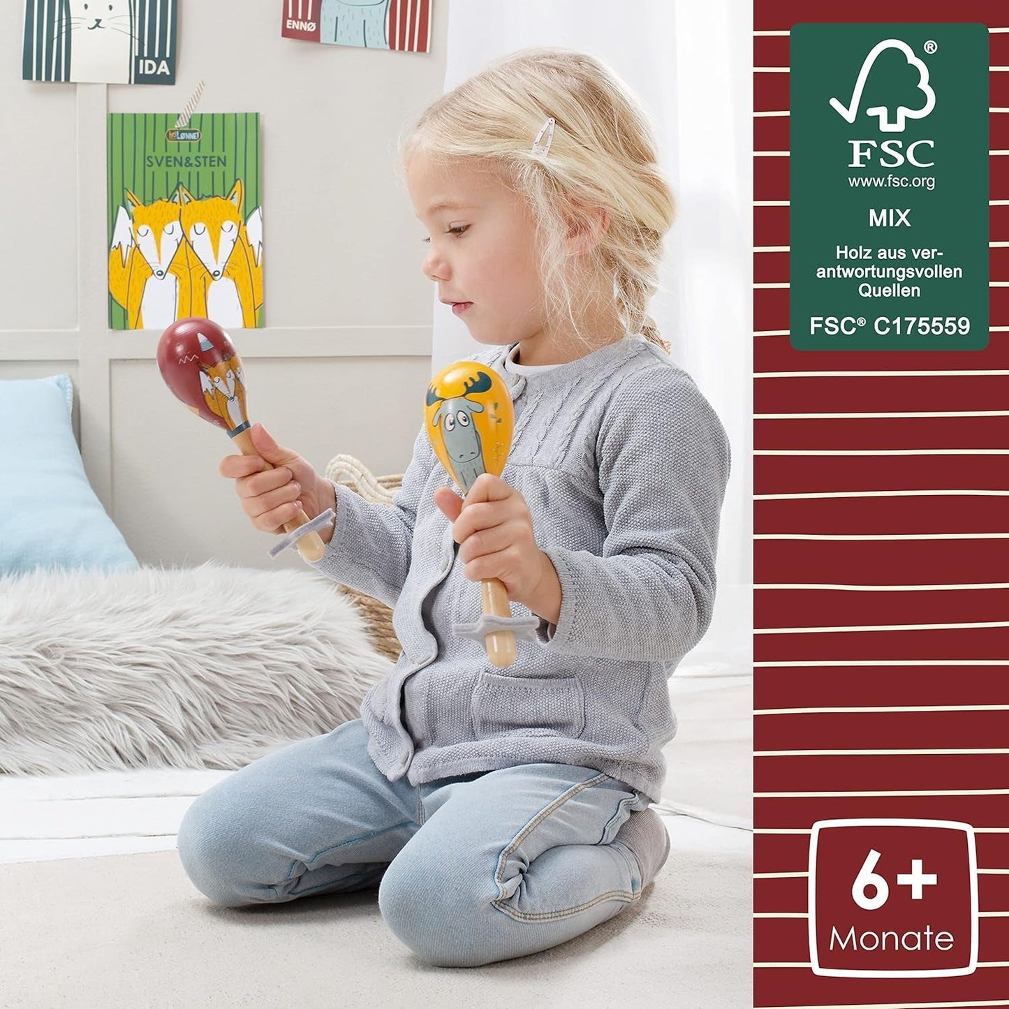 HEJ LØNNE set di 2 campane di legno - Maracas per bambini - strumento musicale in legno per promuovere le capacità motorie, la coordinazione e il comportamento sociale - campana di legno per bambini - giocattolo per bambini Giocattoli Bebe Naty Shop