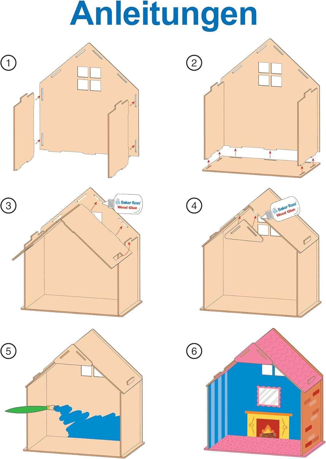 Baker Ross FN199 Costruisci la tua casa delle bambole in legno - Kit di costruzione per casa delle bambole da 1 pezzo per bambini