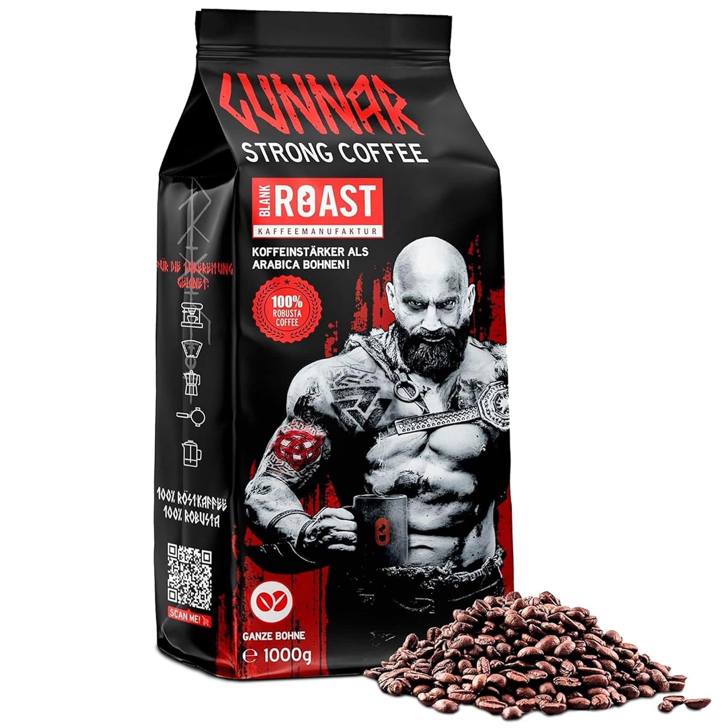 Arrosto Bianco - GUNNAR - 1kg - Whole Kaffee-Bohnen Extra Strong - Kräftige Robusta-Röstung - 494mg Kaffein je Tasse - Würzig & Kraftvoll mit Noten von dunkler Schokolade - Säurearm