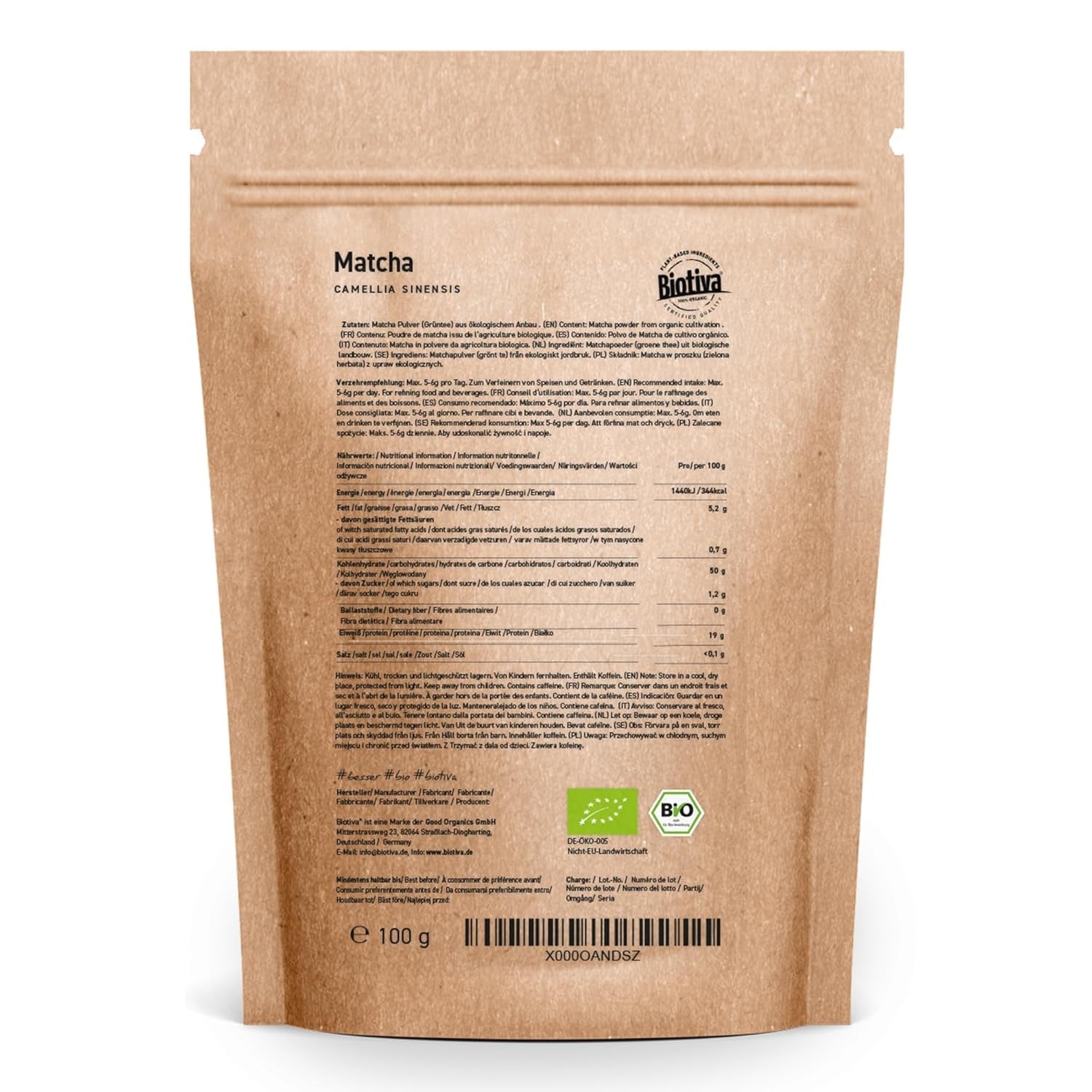 Tè Matcha Biologico 100g - Polvere Matcha Originale - Frullati di tè e latte - Matcha biologico di altissima qualità dal Giappone - Imbottigliato e controllato in Germania - Biotiva