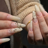 24 pezzi stampa lunga sulle unghie bara unghie artificiali fiore farfalla unghie adesive bianco marrone acrilico set di unghie punte per unghie donna primavera estate accessori per unghie
