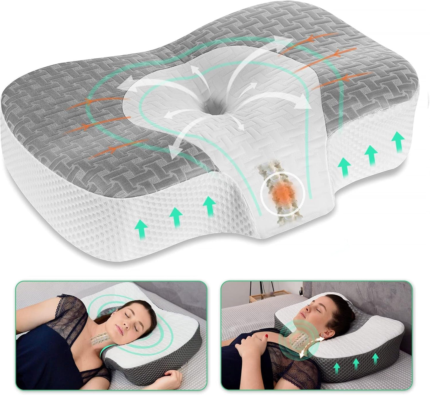 Elviros Cuscino Ortopedico in Memory Foam Cuscino per Dolore al Collo Cuscino per Dormire Cuscino per Collo ergonomico Cuscino per Sostegno per il Collo Cuscino Anti Russamento per chi dorme sul fianco Cuscini Ortopedici Cervicali Bianchi Naty Shop Grigio 60 X 38,6 X 9,9/13,5 Cm