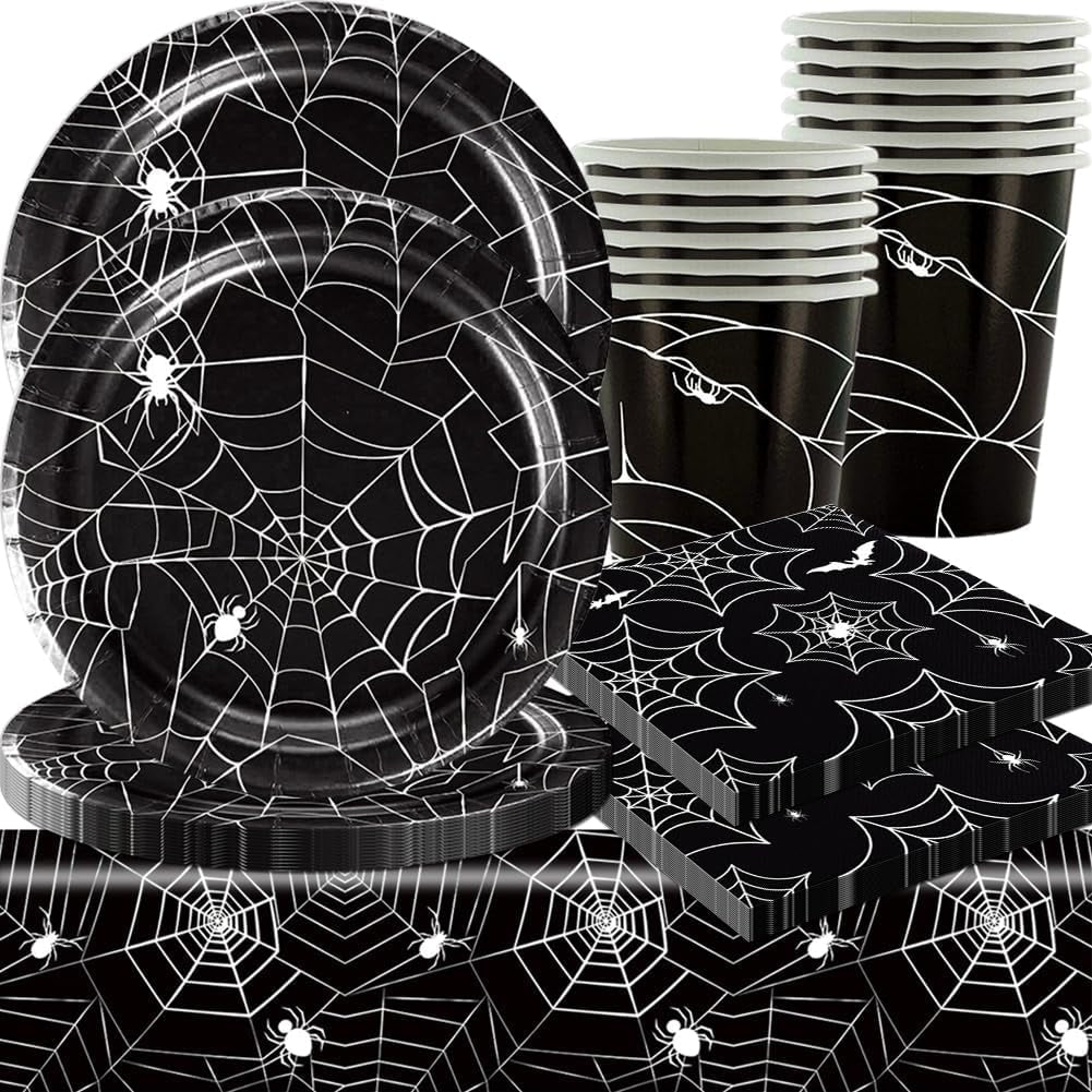 Set di posate di carta Halloween Spider da 49 pezzi, comprensivo di piatti, tovaglioli, bicchieri e tovaglia. Set stoviglie nero con piatti dessert, tovaglioli e bicchieri.