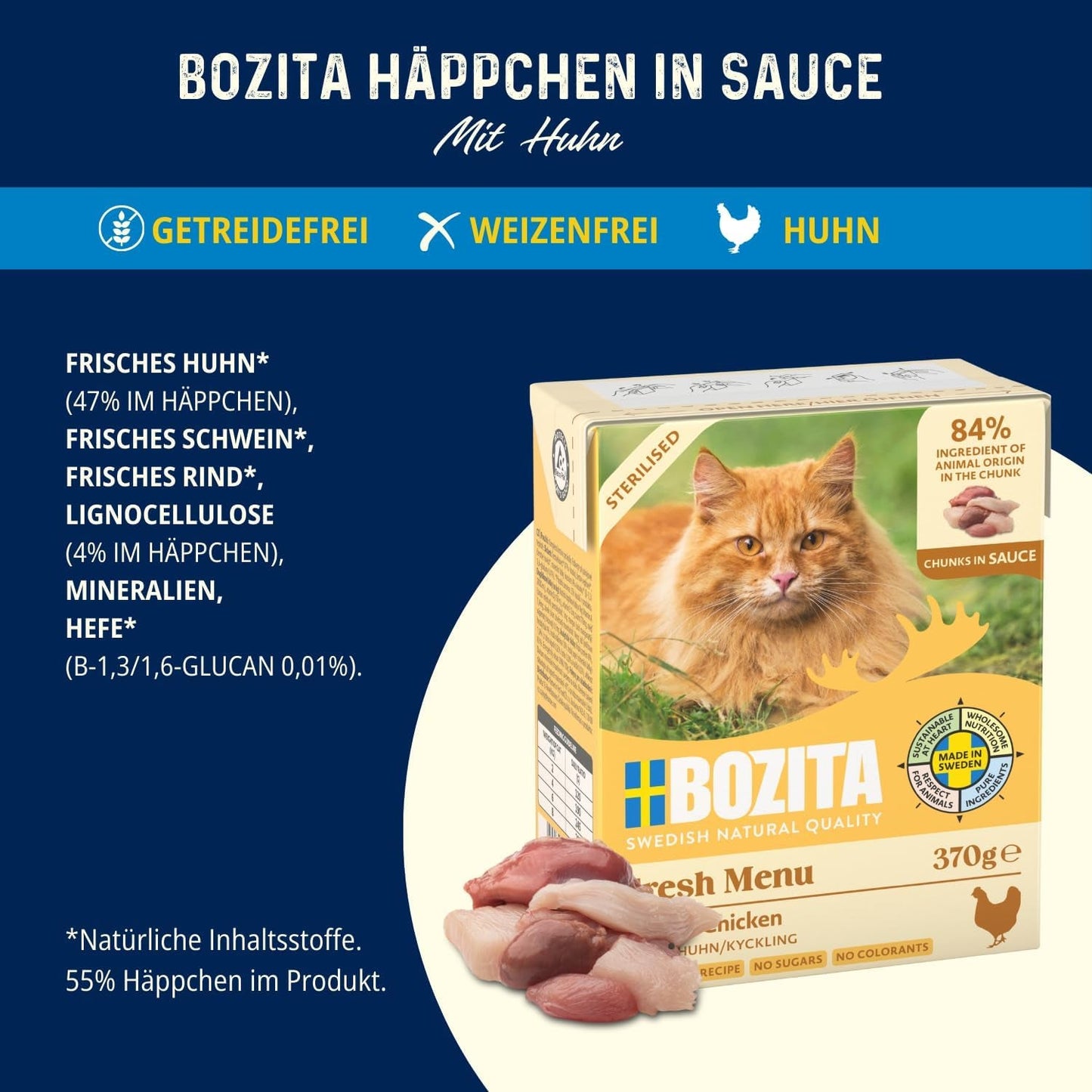 Bozita Tetra Pezzi Sterilizzati in Salsa con Molto Pollo - 6 x 370g Cibo per Gatti Umido Senza Cereali e Zucchero - Non OGM, con 8,5% di Proteine ​​e 4,5% di Grassi - Alta Qualità ed Estremamente Gustoso