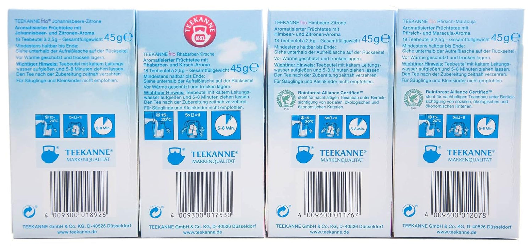 Teekanne Frio confezione da 4, ciliegia rabarbaro, ribes al limone, lampone al limone, pesca al frutto della passione (4 x 45 g)